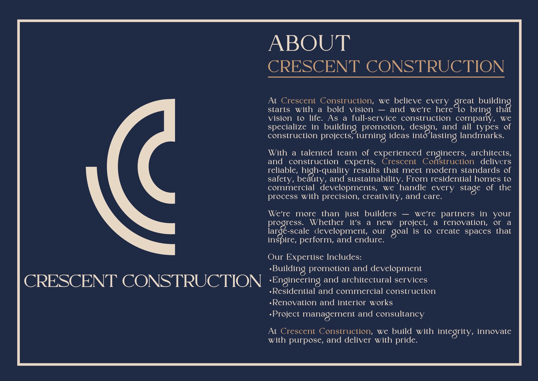 CRESCENT CONSTRUCTION brochure about page